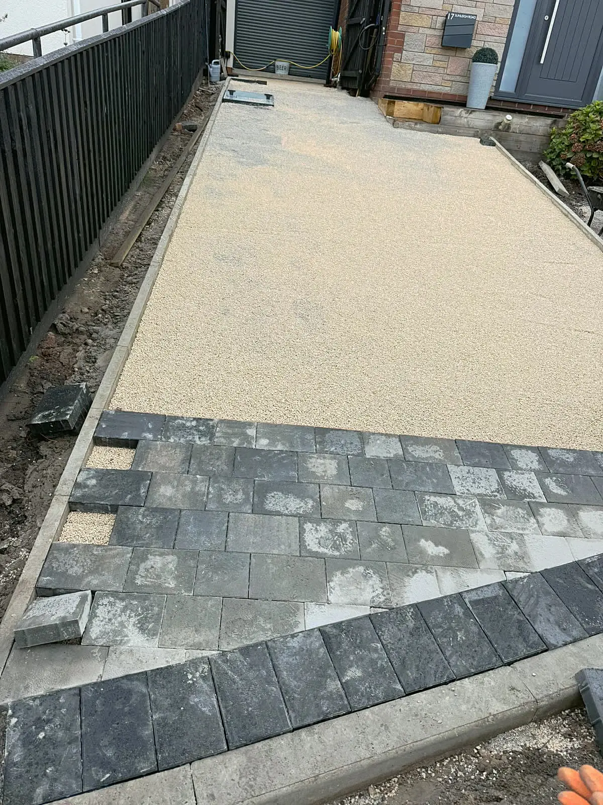 Path with block paving edging during installation